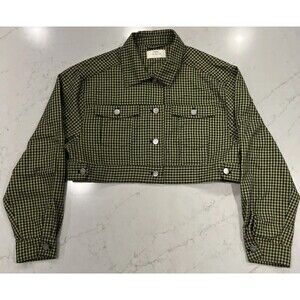 Free People Capulet Gingham Grunge Trucker Cropped Jacket Green Black Plaid Sz S
